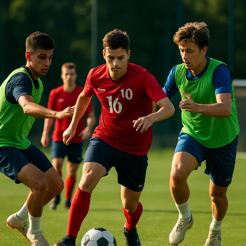 A high-energy scene at a youth football training camp, showcasing promising U18 and U16