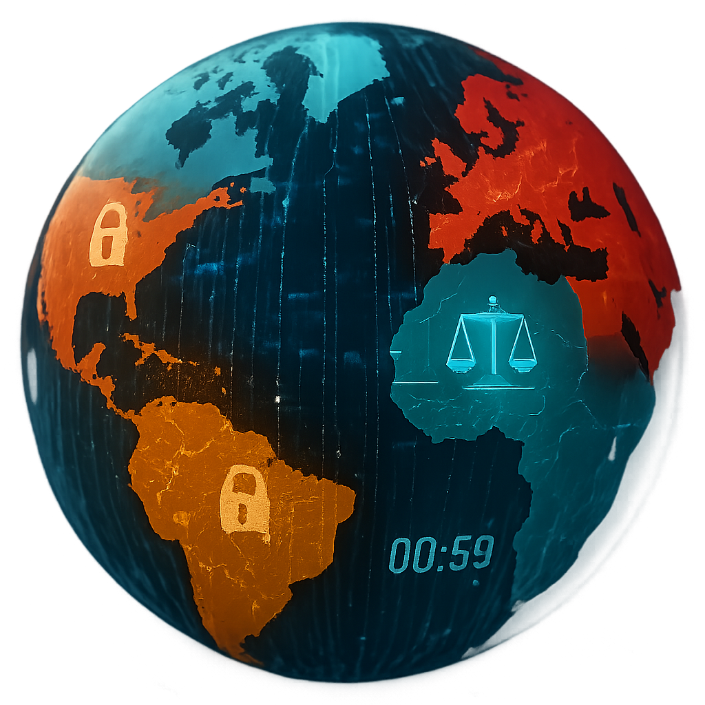 A digital map of the world with colorful zones indicating legal and operational constraints