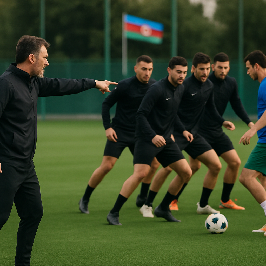 An Azerbaijani football coach guides a compact defensive line as players move together to