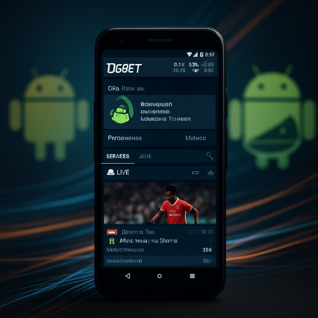 A modern Android phone with the 1xBet app open, illustrating its features on different
