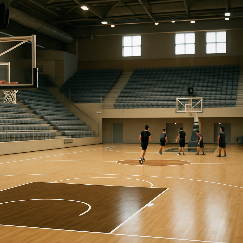 Young basketball players practice on a regulation court inside a modern indoor sports complex