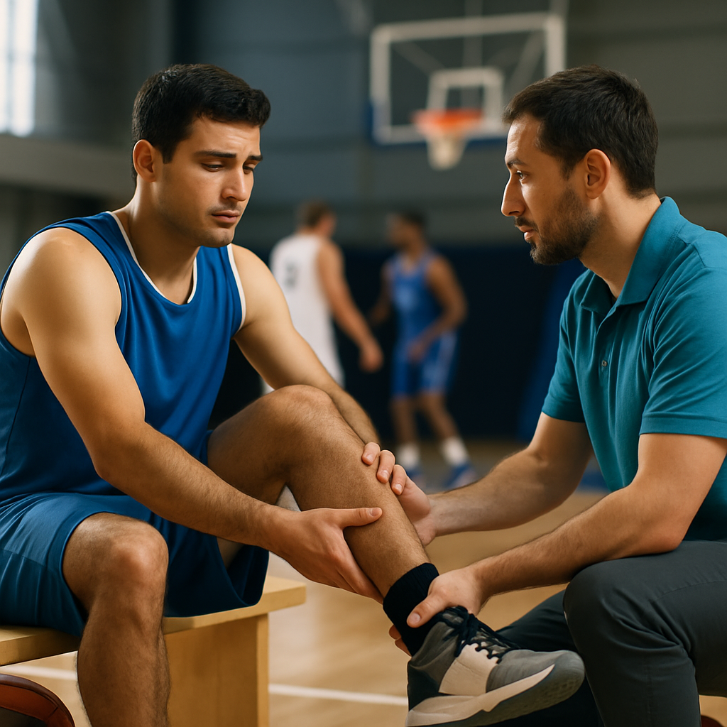 A physiotherapist assesses a basketball player’s ankle courtside as part of a staged recovery