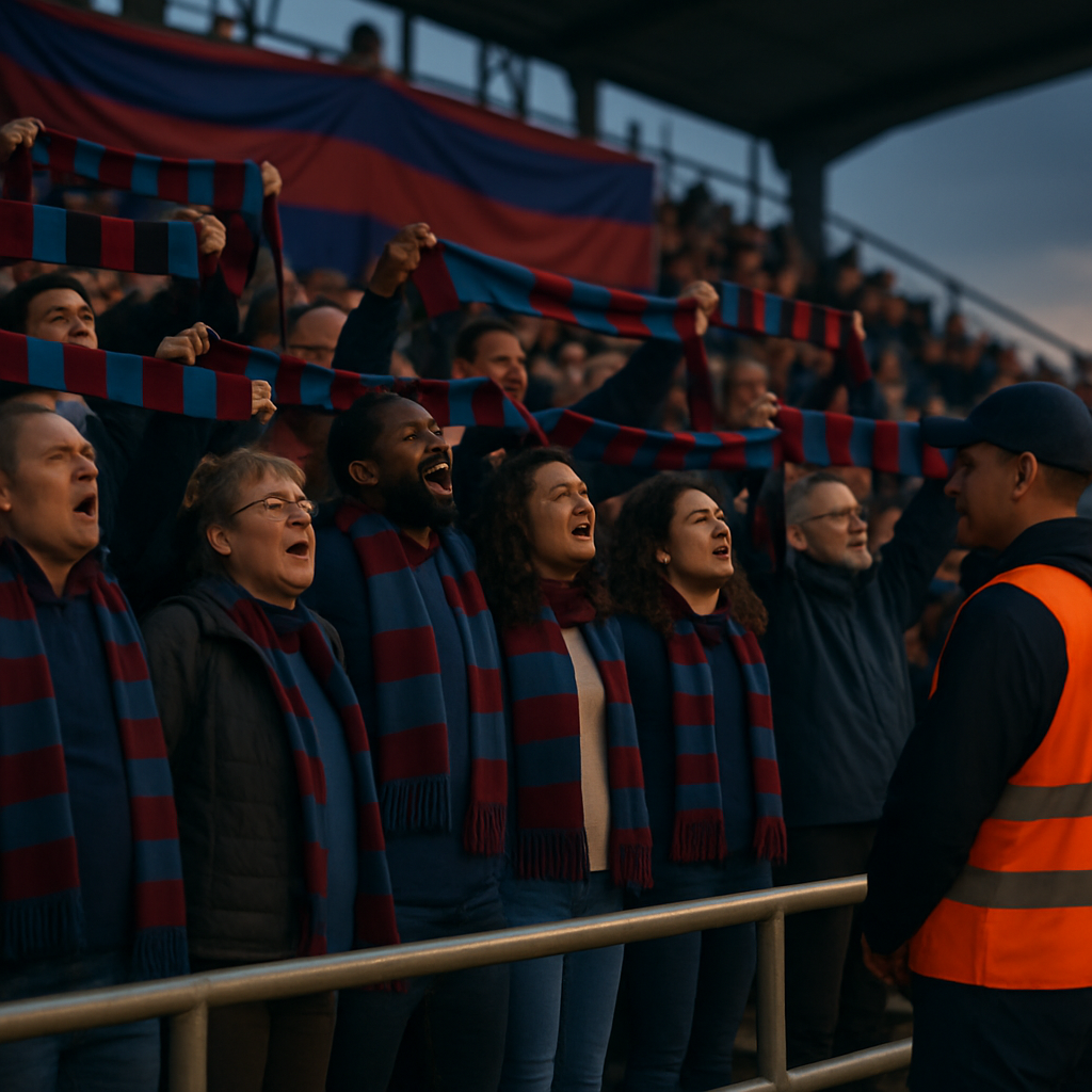 Football supporters sing together in a stadium stand, with scarves raised as a steward