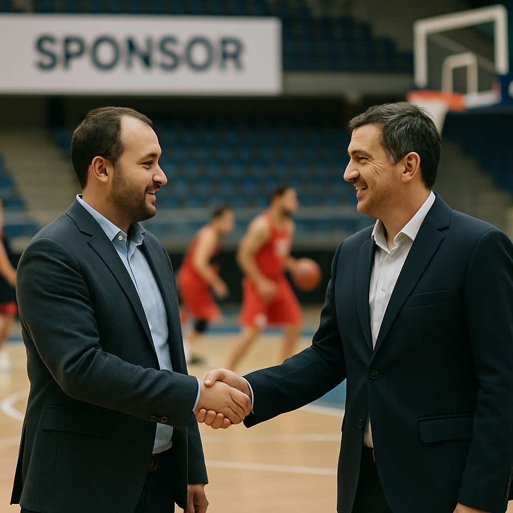 A local business representative and basketball club manager shake hands courtside as players practice