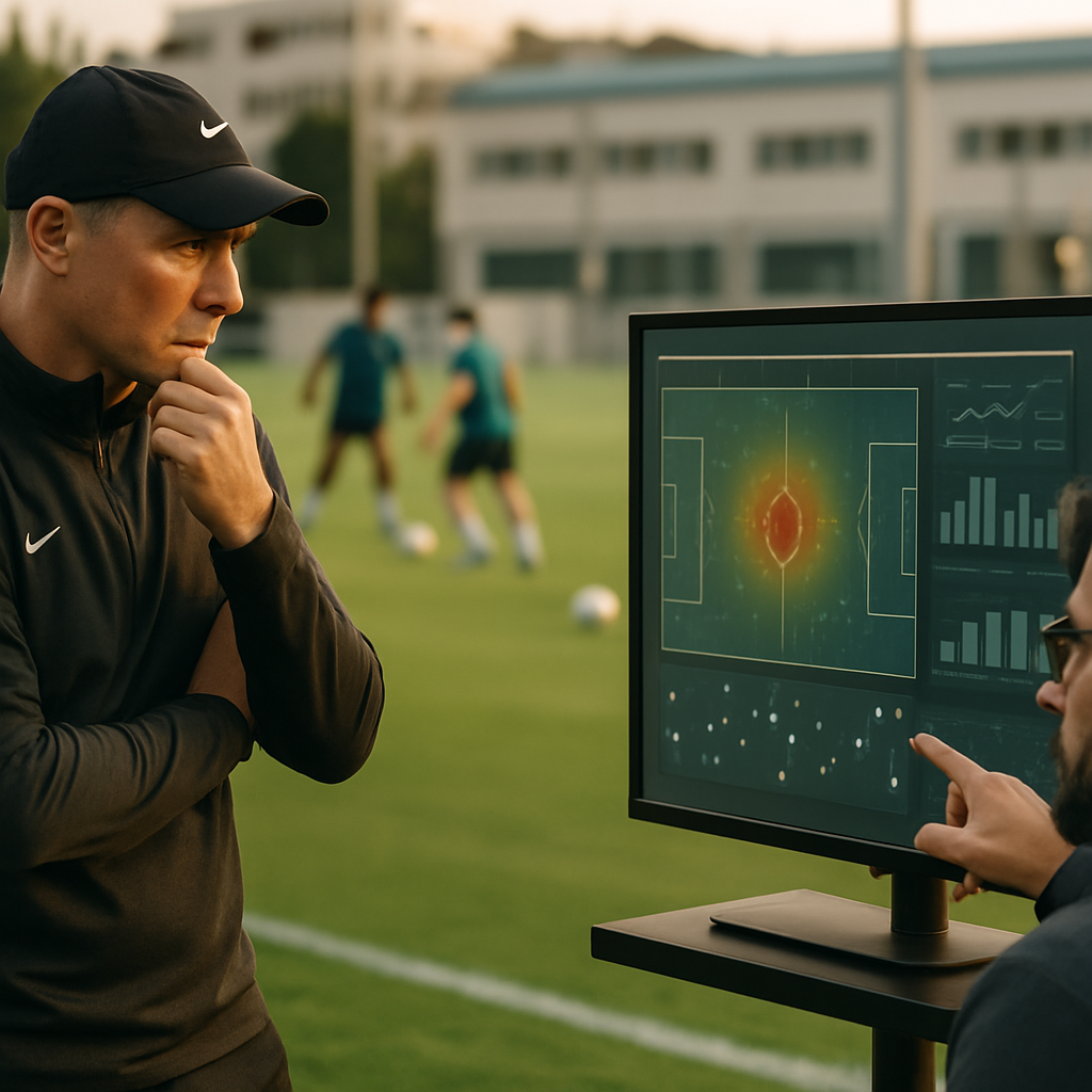 An Azerbaijani football coach and analyst review player-tracking data and tactical charts beside a