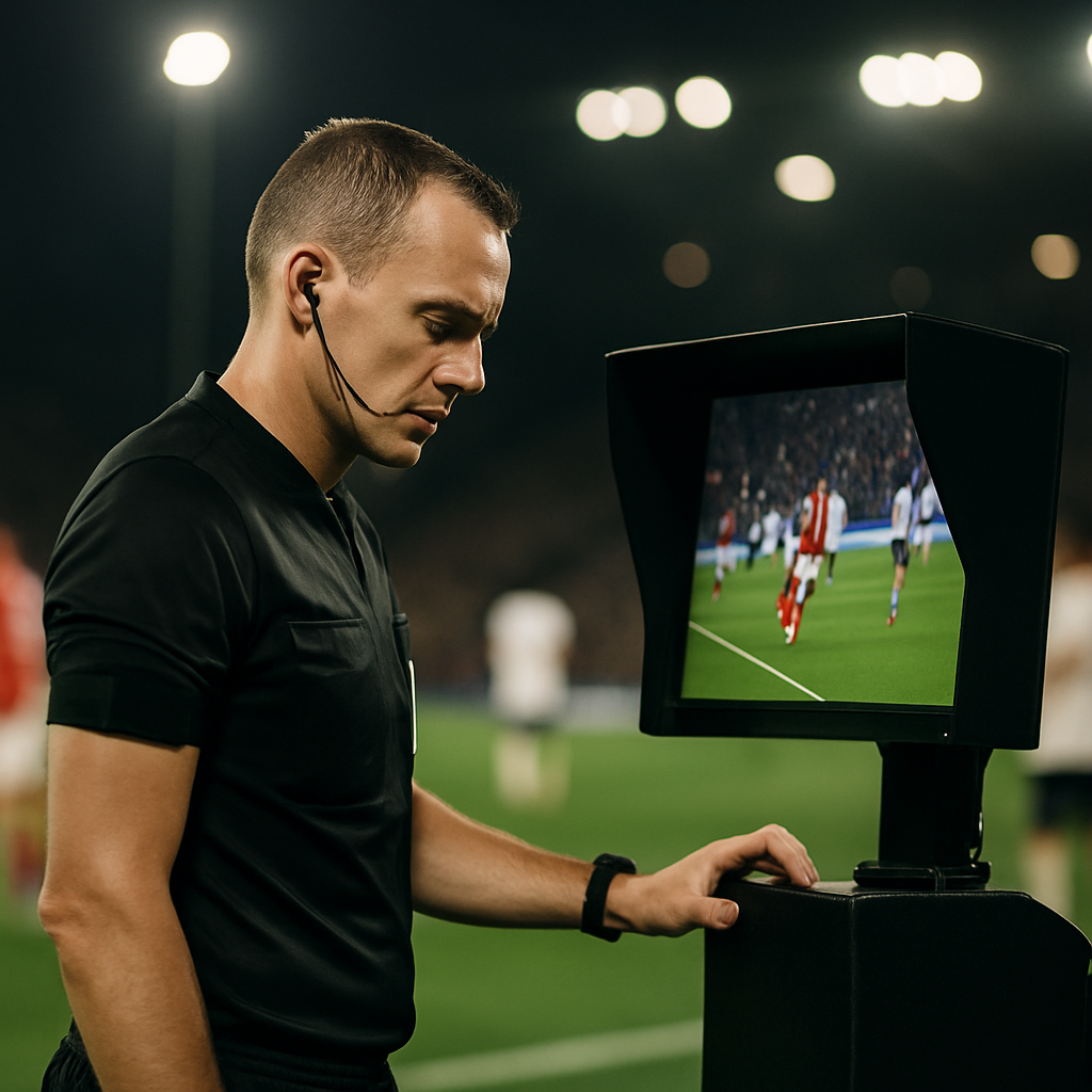 A football referee calmly reviews a close decision on a pitch-side monitor as the